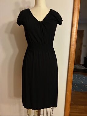 JJ Authentic Black V-Neck Short Sleeve Smocked Waist Dress “Little Black Dress”